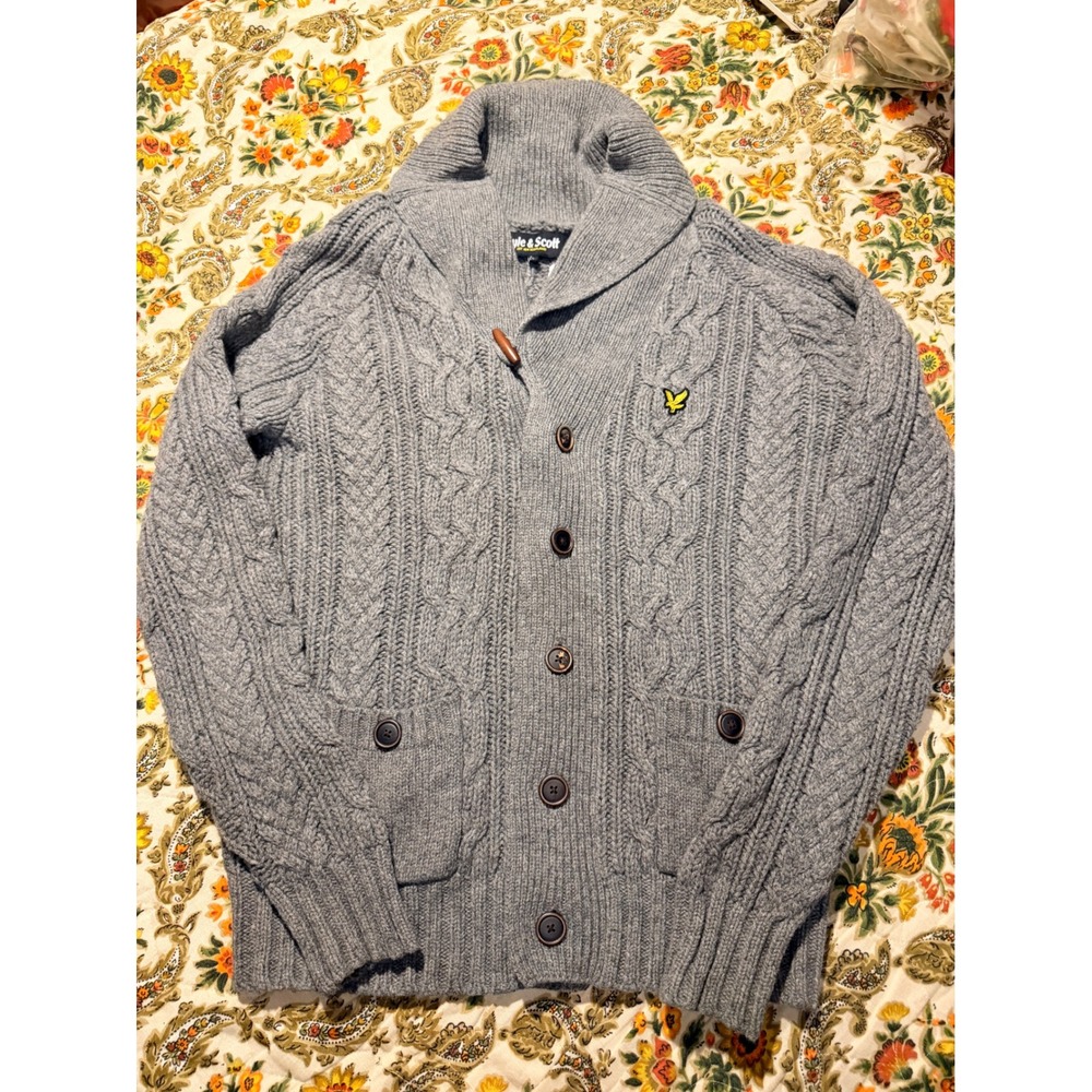 Lyle & Scott Mens Grey Lambswool Cotton Cable Knit Shawl Collar Cardigan Large